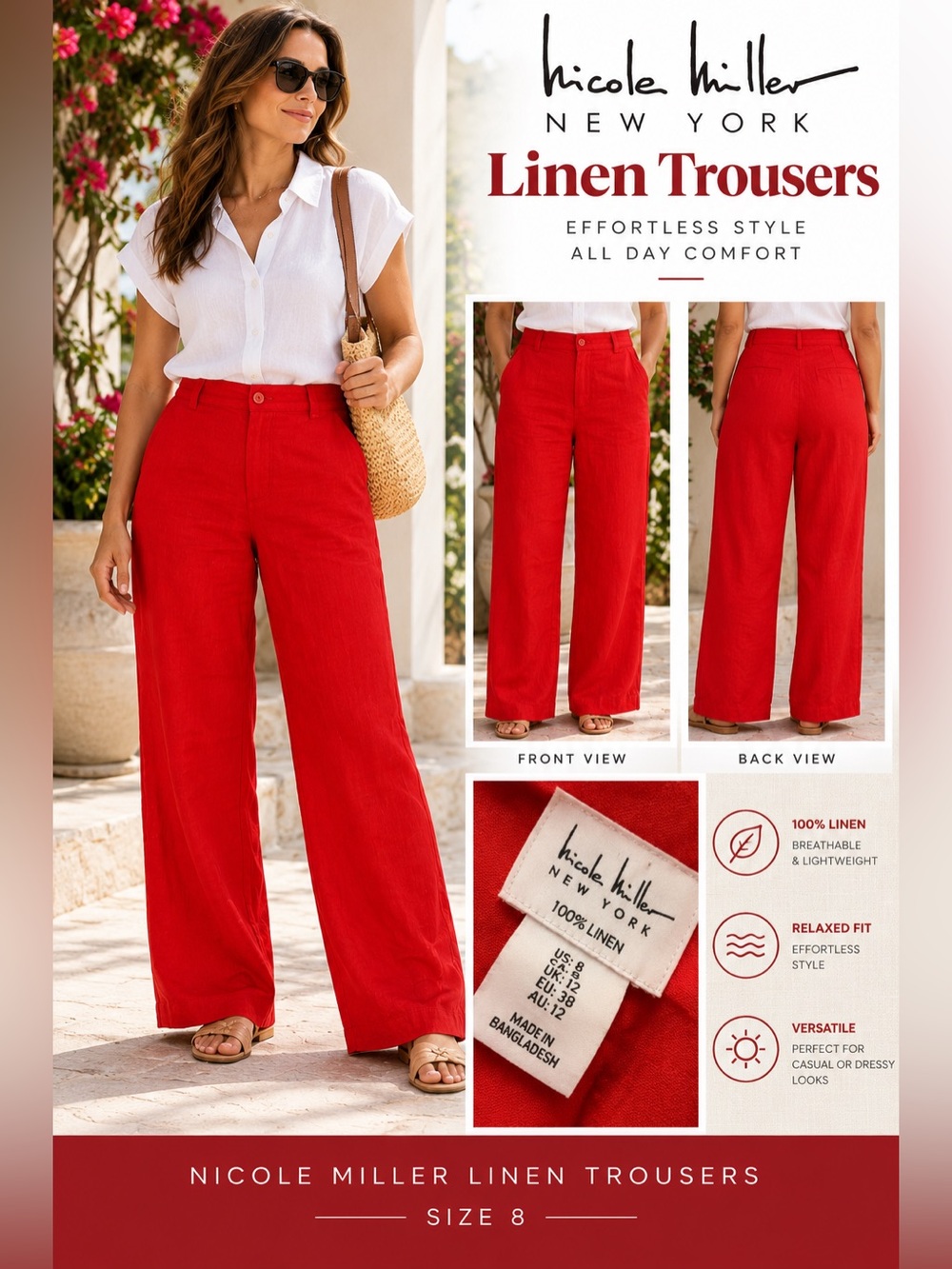 Nicole Miller Linen Trousers Red Size 8